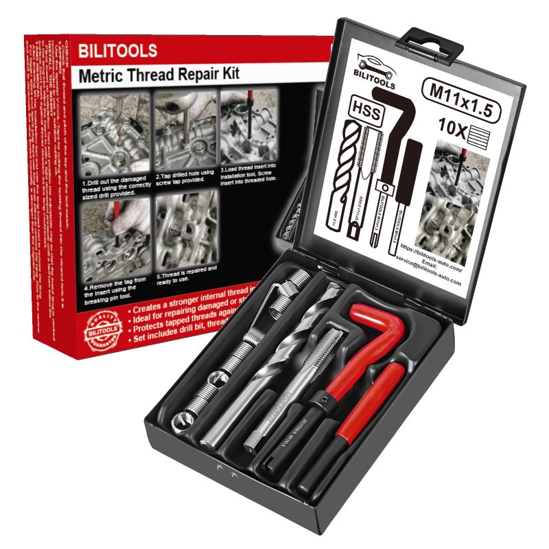 BILITOOLS M11x1.5 Helicoil Thread Repair Kit Metric, HSS Drill Heli Coil Repair Kit - Image 1